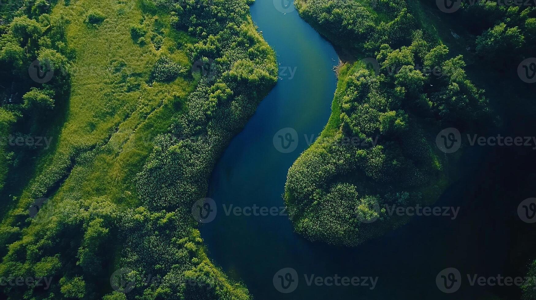 aerial view of winding river cutting through lush green landscape with endless horizon photo