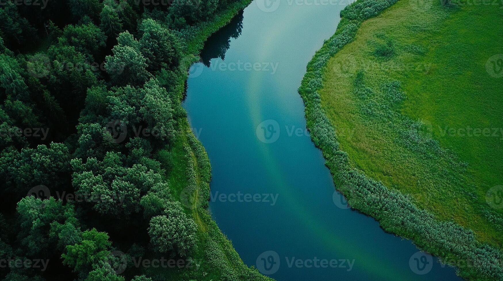 aerial view of a winding river cutting through lush green landscape with endless horizon photo