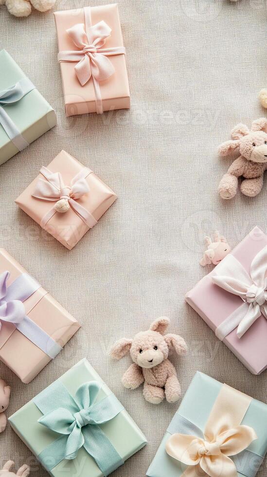 Minimalist arrangement of pastel baby shower wrapped gift boxes with soft fabric teddy bears and gentle lighting with copy space photo
