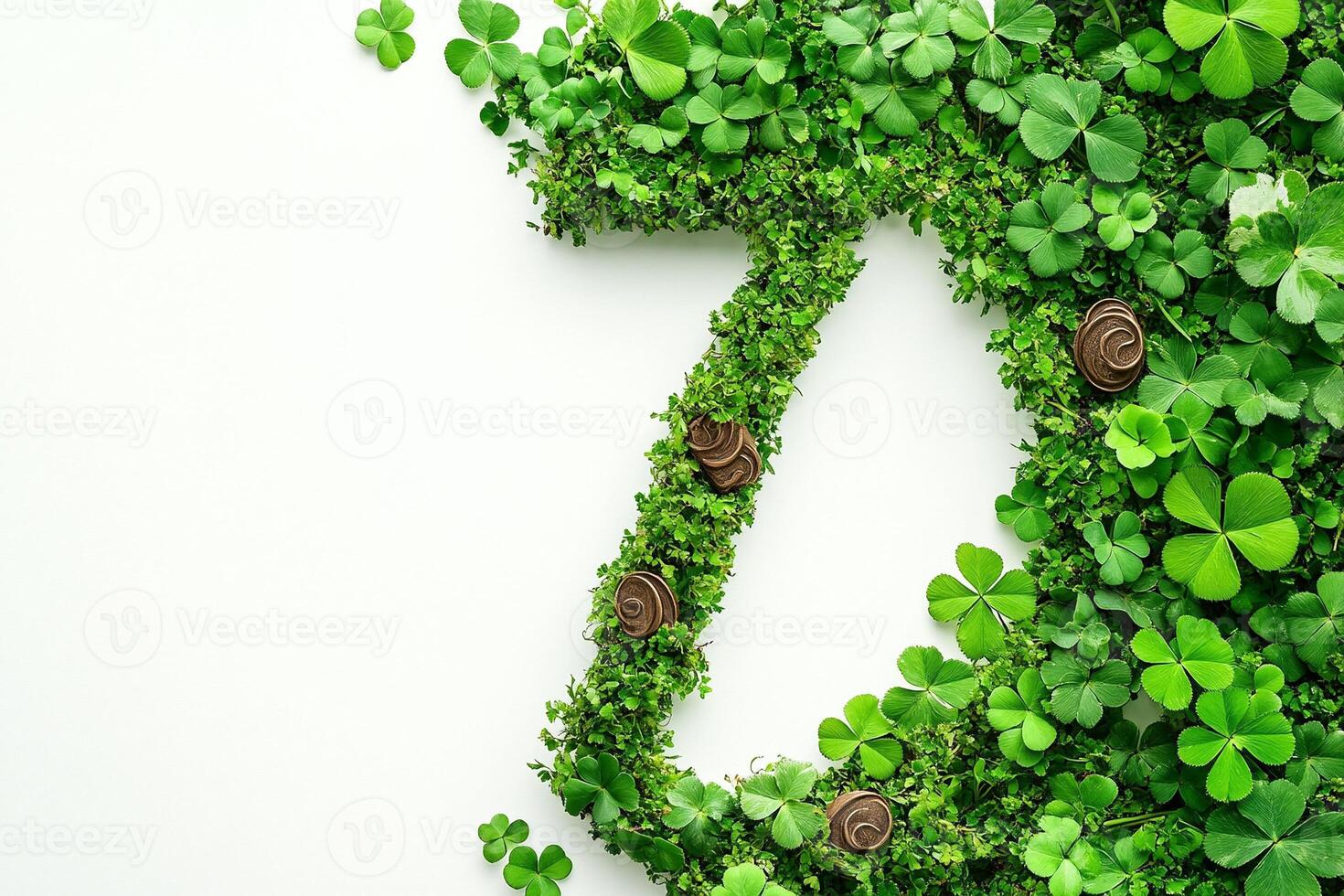 Minimalistic green clovers with a vibrant lucky seven symbol creating a clean and cheerful abstract Saint Patricks Day design photo
