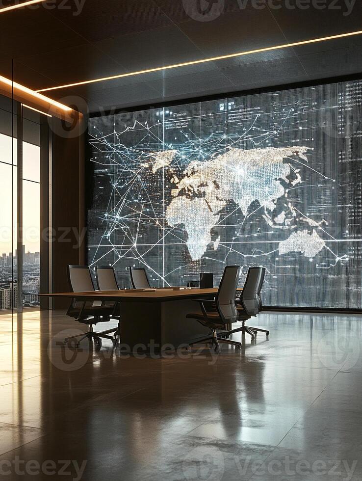 Minimalistic office design with large illuminated digital world map and connected cityscape view in sleek interior photo