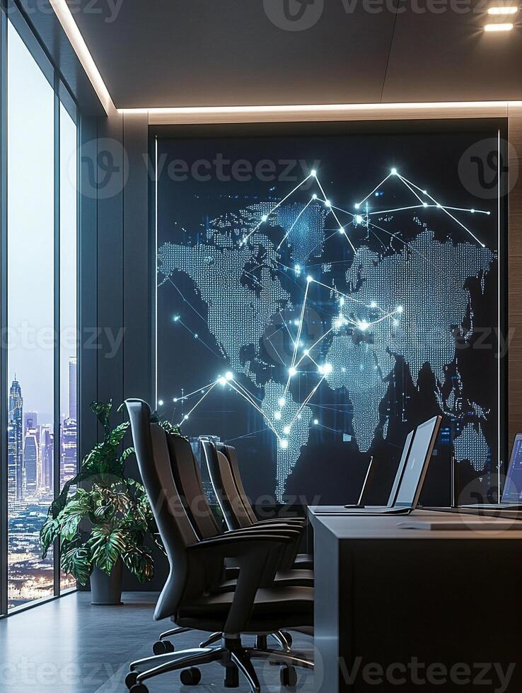 Minimalistic office design with a large illuminated digital world map and connected cityscape view in sleek interior photo
