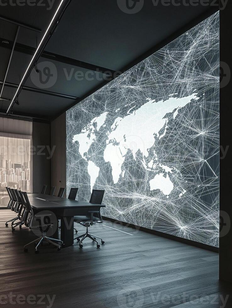 Minimalistic office design with large illuminated digital world map and connected cityscape view in a sleek interior photo