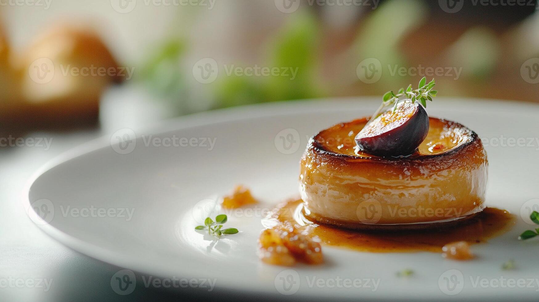 Seared pork medallion dish with rosemary fig garnish and rich sauce in fine dining gourmet presentation photo