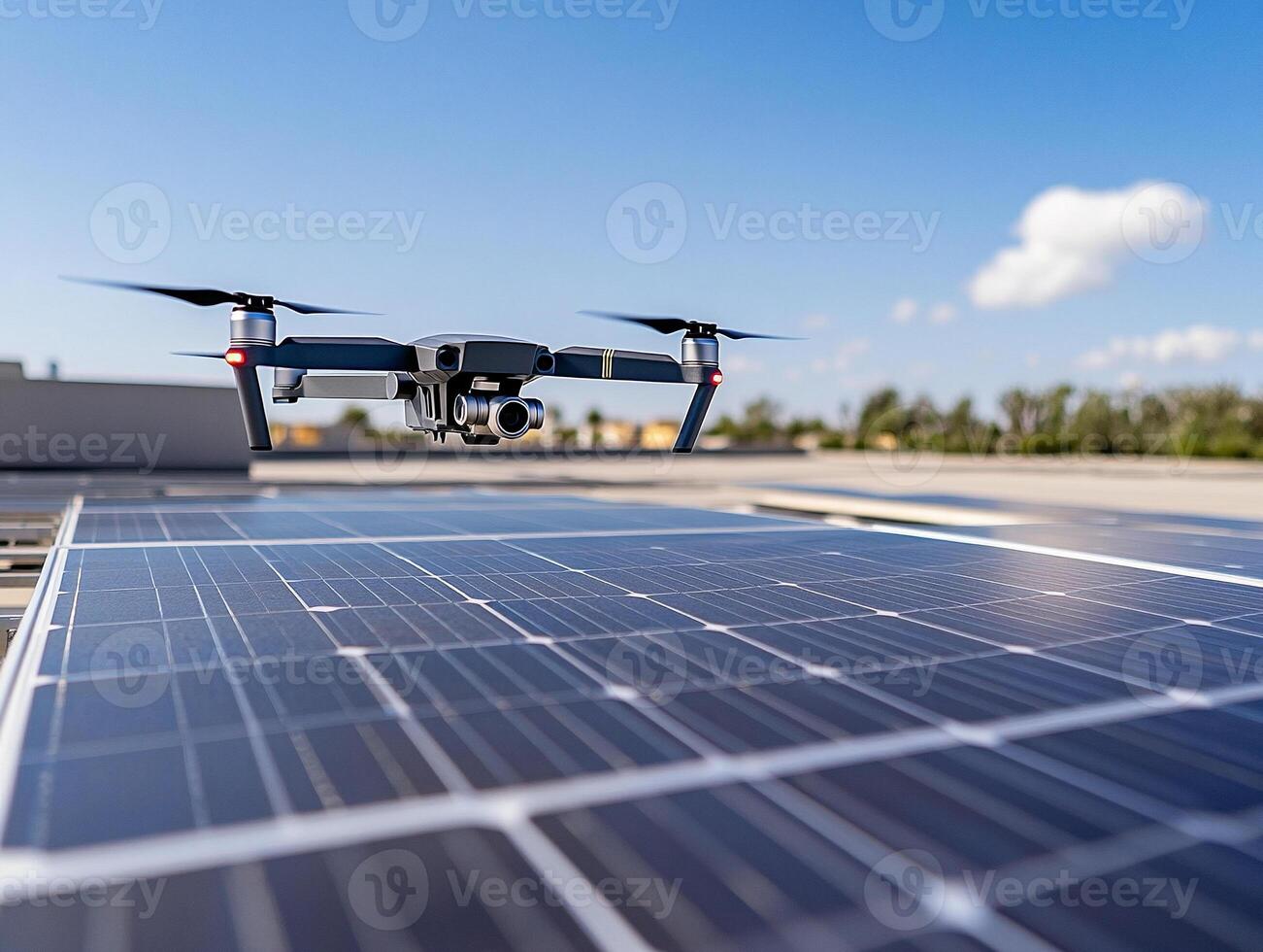 Drone inspecting solar panels on a smart roof under clear blue skies emphasizing modern energy efficiency innovation photo