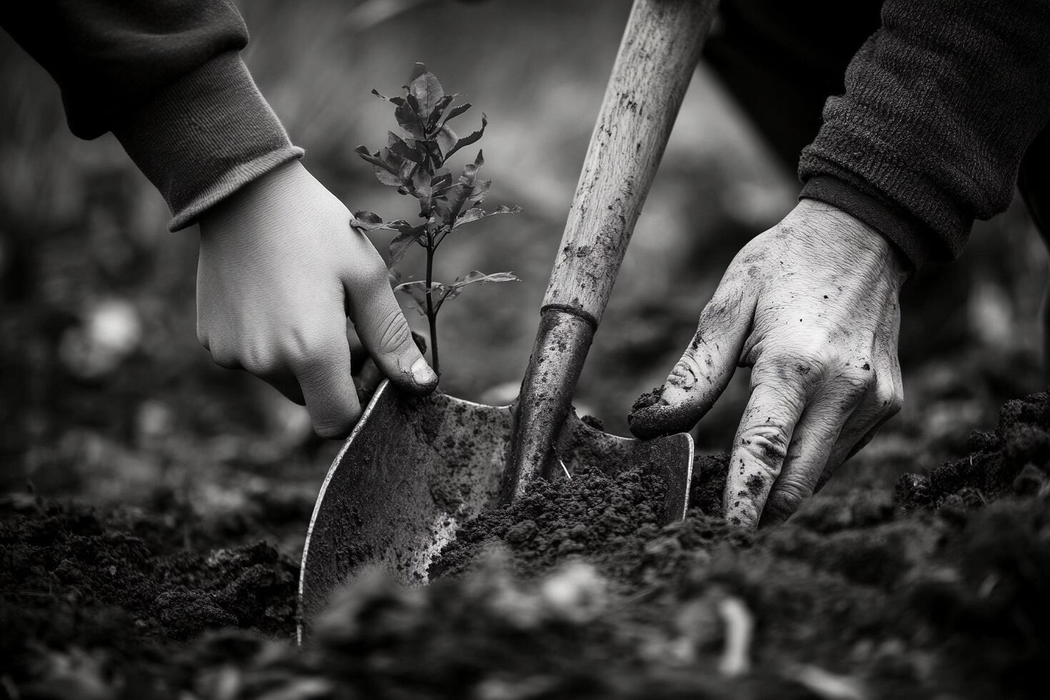 Monochrome close up of adult and a child hand holding soil together symbolizing teamwork and generational connection photo