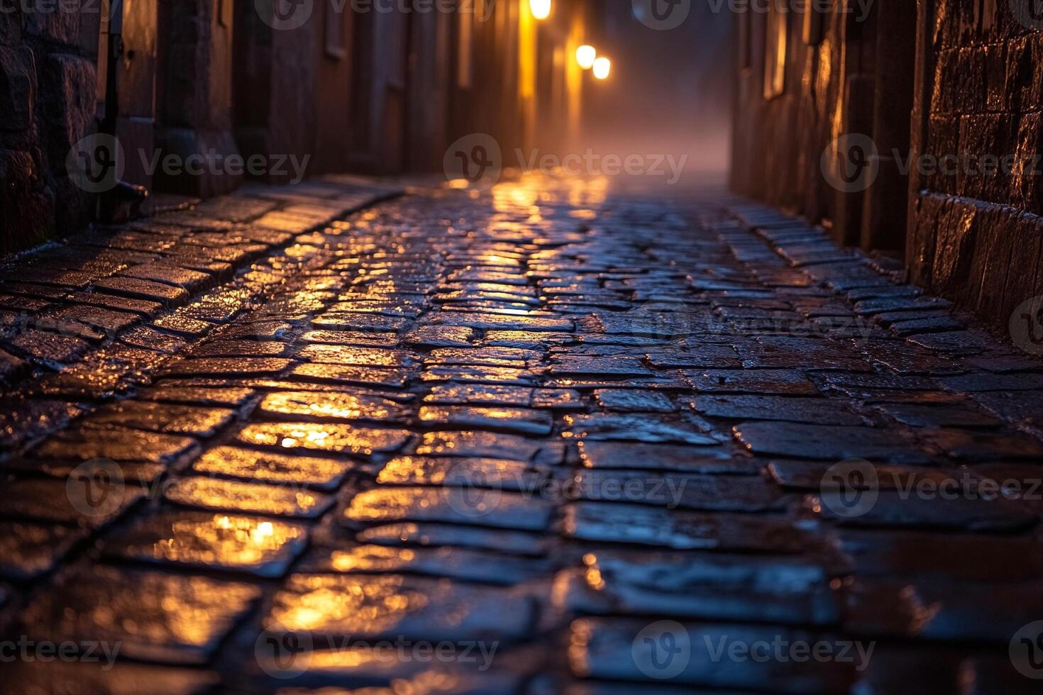 Moody cobblestone street illuminated by warm lights after rain evoking nostalgia and cinematic urban atmosphere photo