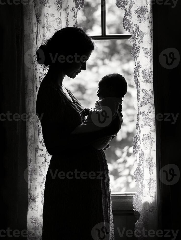 Black and white portrait of mother tenderly holding her newborn wrapped in a blanket soft home lighting photo