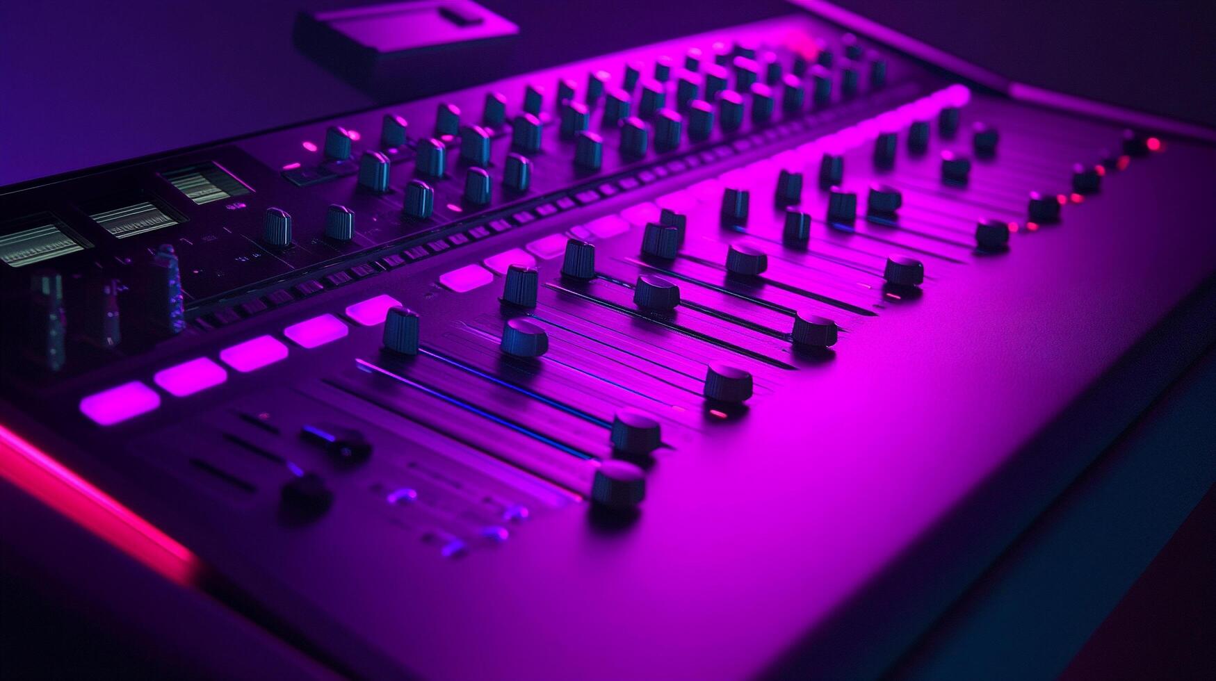 Sleek music production console with glowing LED panels in futuristic studio environment photo
