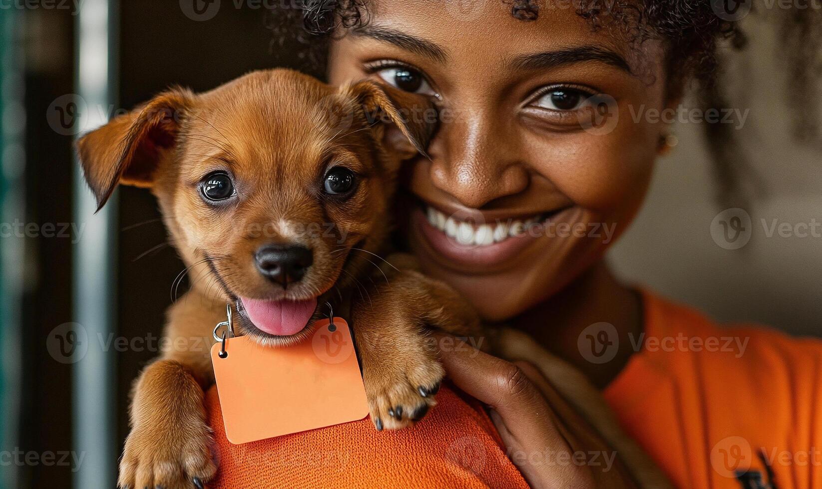 Woman holding a small puppy with tag in a heartwarming and joyful moment indoors photo
