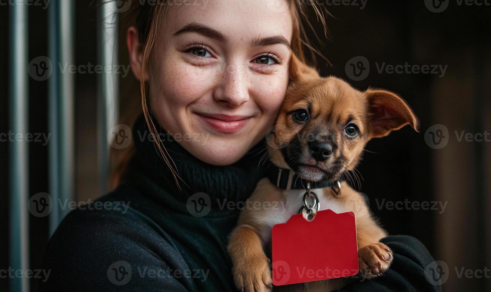 Woman holding a small puppy with a red tag in a heartwarming and joyful moment indoors photo