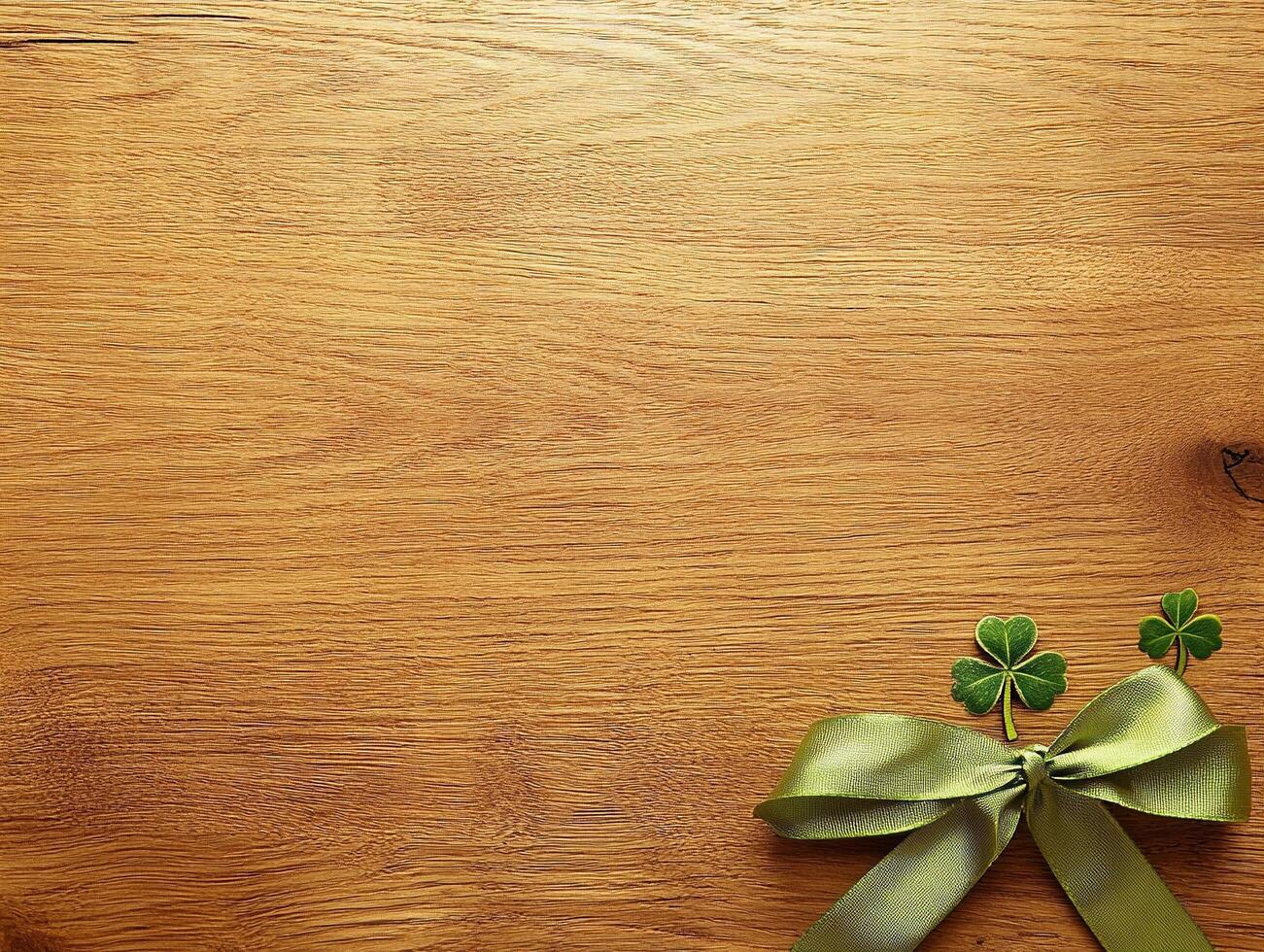 Natural wood background with a green ribbon tied in a green bow and small shamrocks for a festive design photo