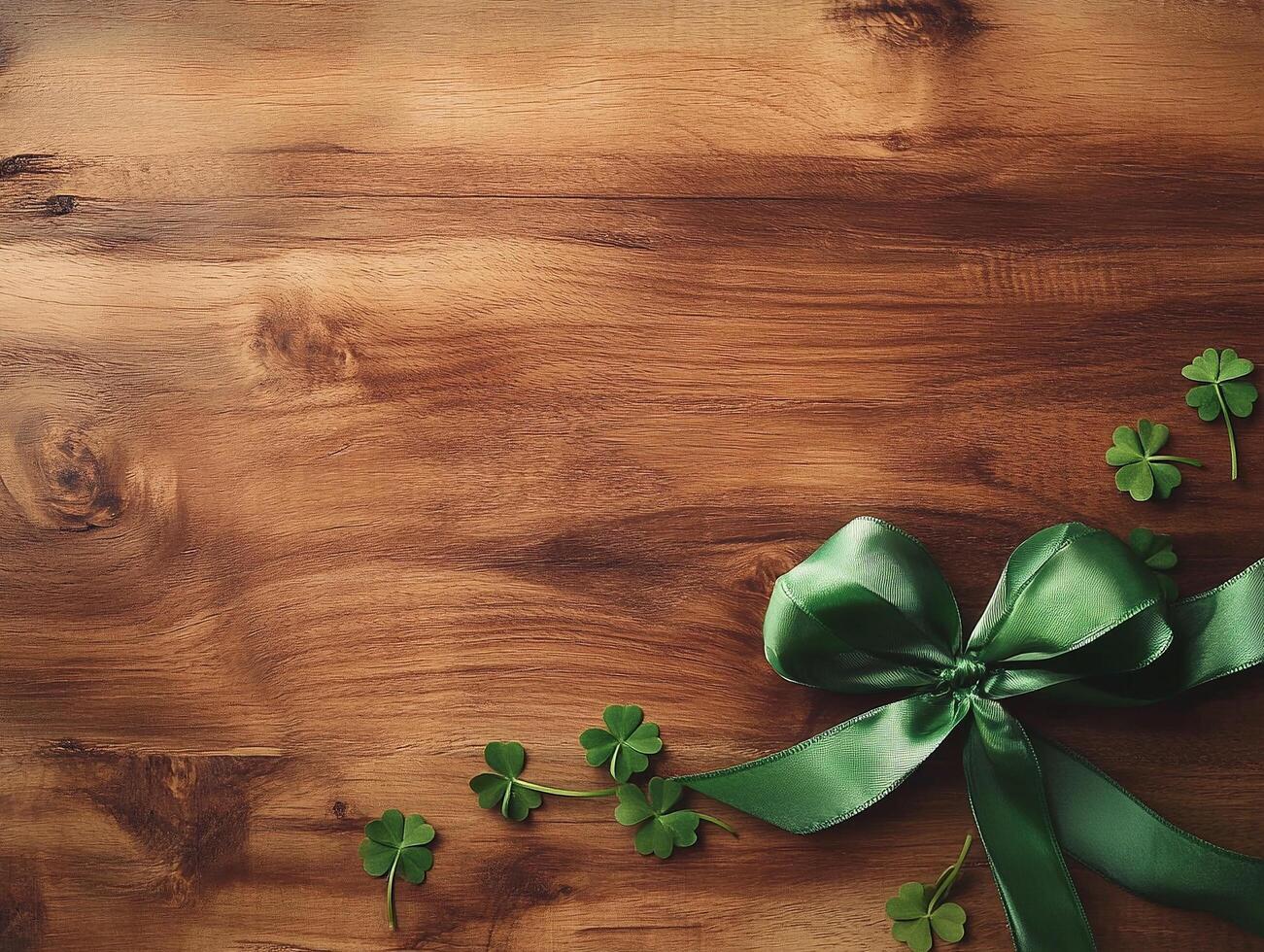 Natural wood background with green ribbon tied in bow and small shamrocks for a festive design photo
