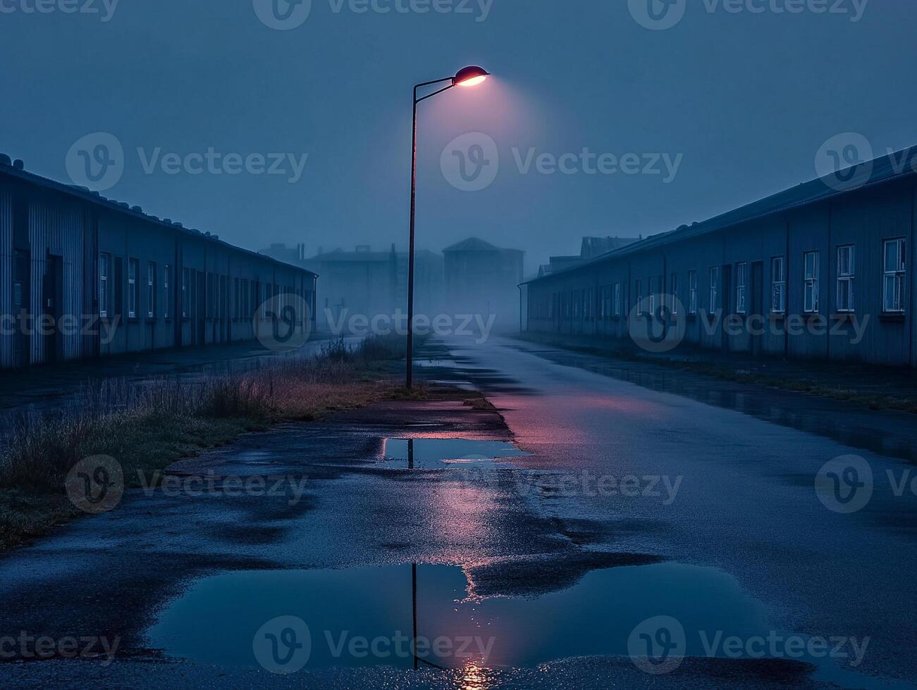 Moody night street photography with glowing lamp posts reflected in wet pavement under foggy atmosphere photo