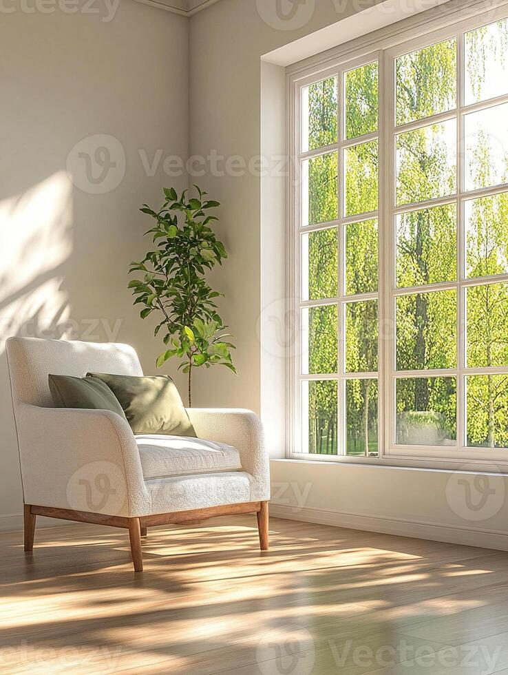 a Bright minimalist living room with modern furniture and large windows overlooking lush greenery photo