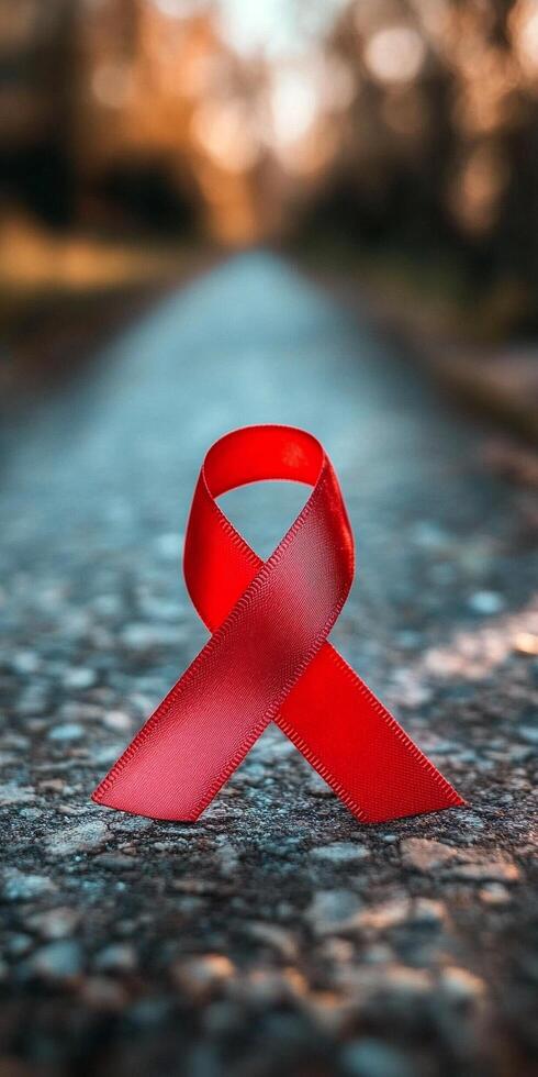 Red ribbon symbolizing awareness and support for HIV AIDS displayed in an abstract background photo