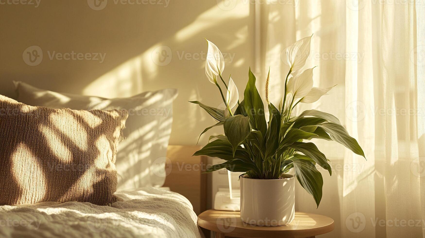 Peace lily plant in white ceramic pot on bedside table illuminated by soft natural light in serene tranquil bedroom decor photo