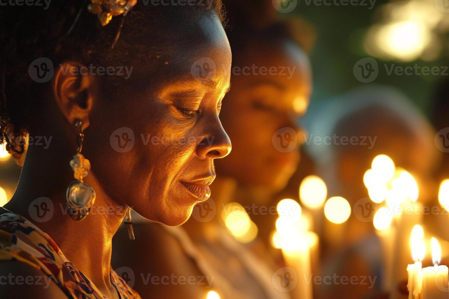 Candlelit vigil with black people holding glowing candles in solemn outdoor setting creating warm atmosphere for remembrance photo