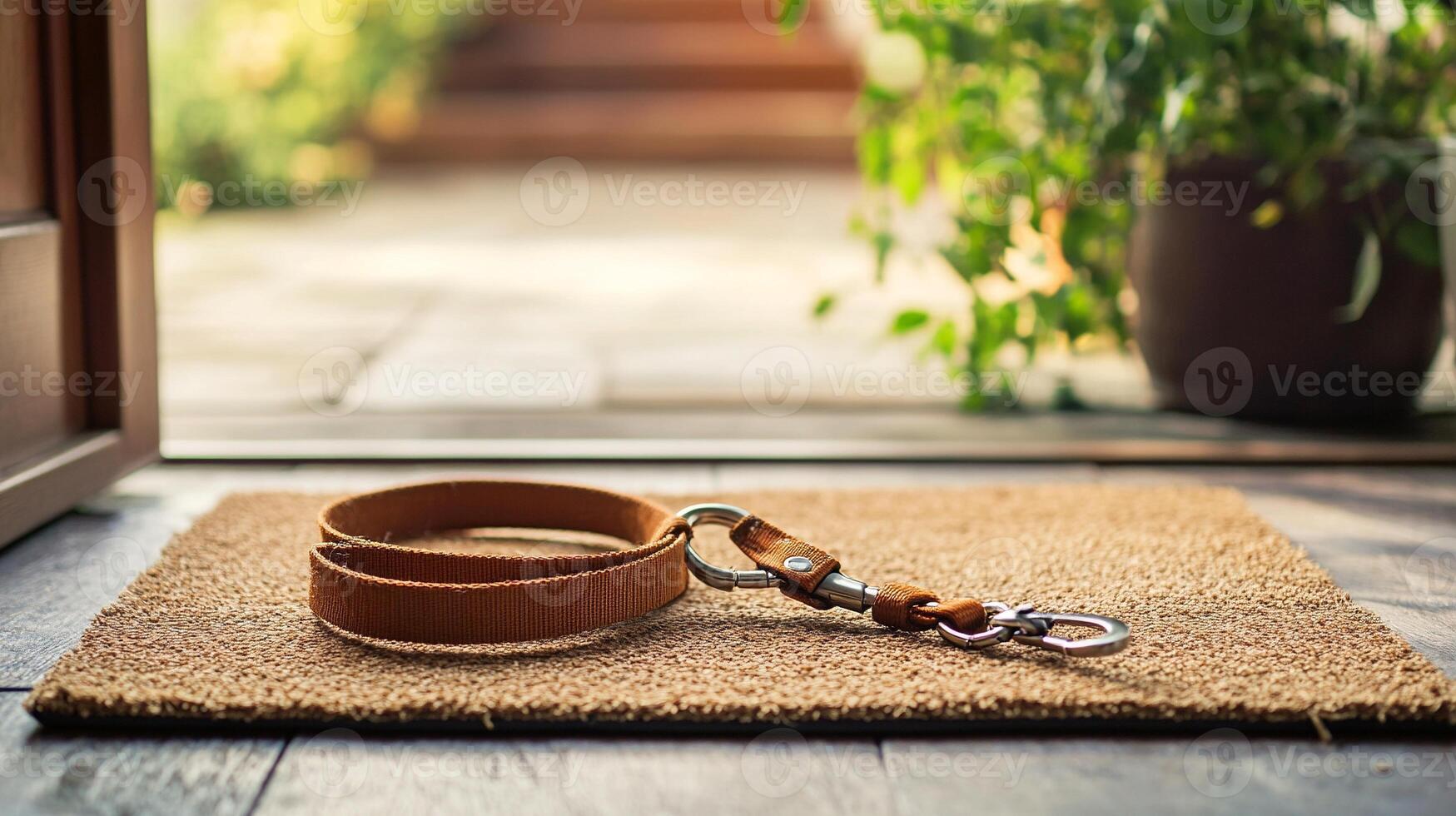 Brown leather dog leash on a woven doormat by open wooden door with warm sunlight creating cozy pet-friendly home atmosphere photo