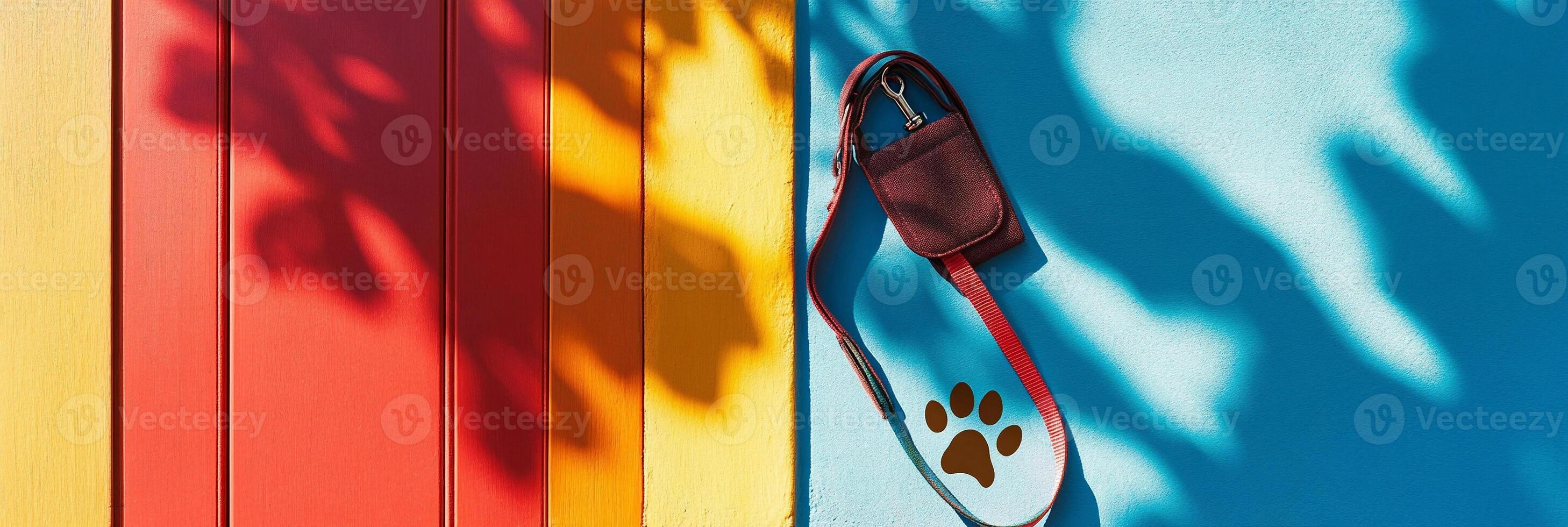 Stylish dog leash hanging vibrant colorful wall with pawprint shadow and artistic lighting creating a cheerful ambiance photo