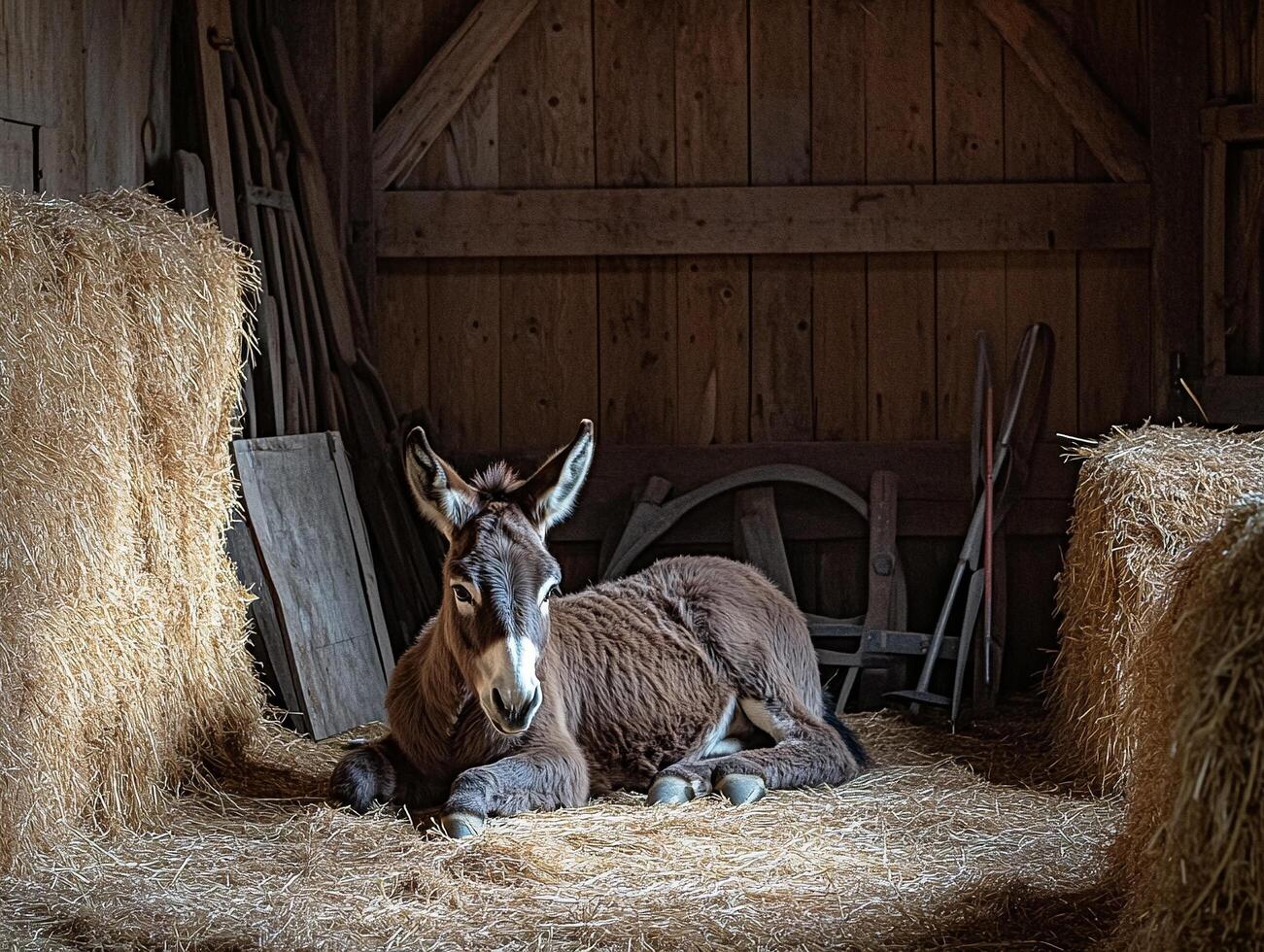 Rustic barn interior with a donkey hay bales and sunlight streaming through window highlighting farming tools and decor photo