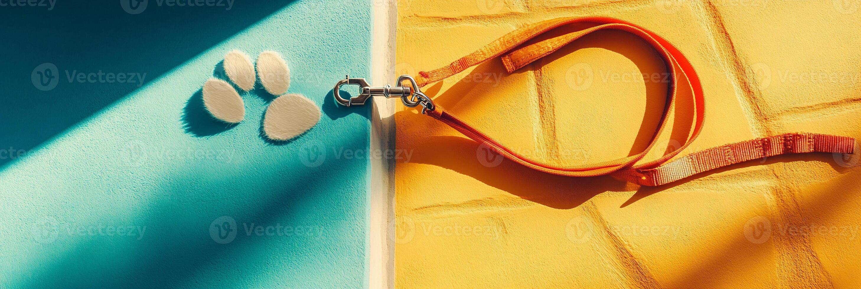 a Stylish dog leash hanging on vibrant colorful wall with pawprint shadow and artistic lighting creating a cheerful ambiance photo