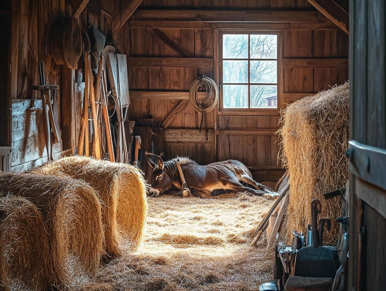 Rustic barn interior with hay bales and donkey and sunlight streaming through window highlighting farming tools and decor photo