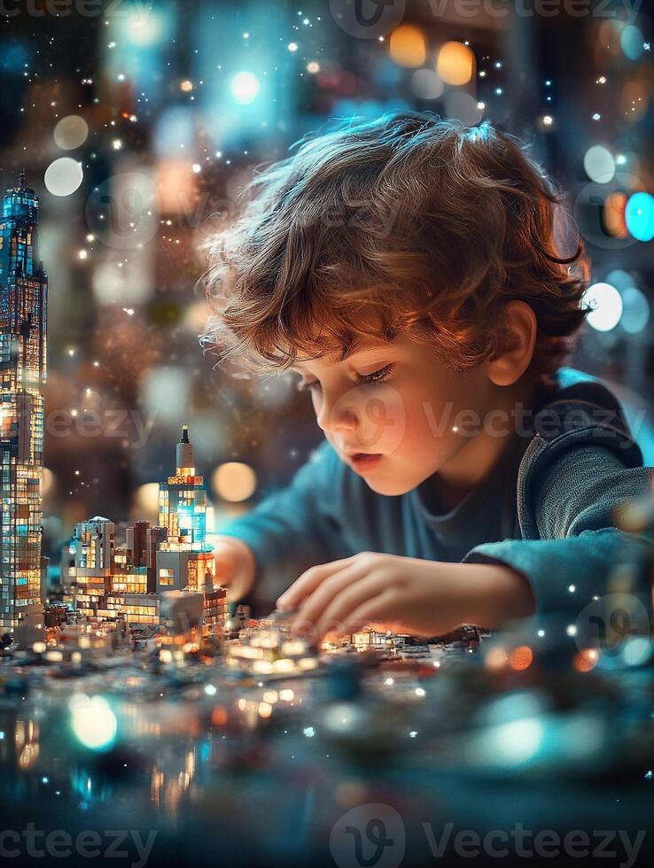 Focused child constructing miniature glowing futuristic city model at night surrounded by ambient blue bokeh lighting photo