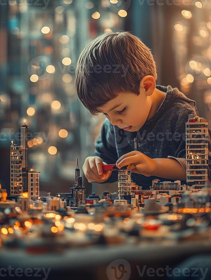 a Focused child constructing miniature glowing futuristic city model at night surrounded ambient blue bokeh lighting photo