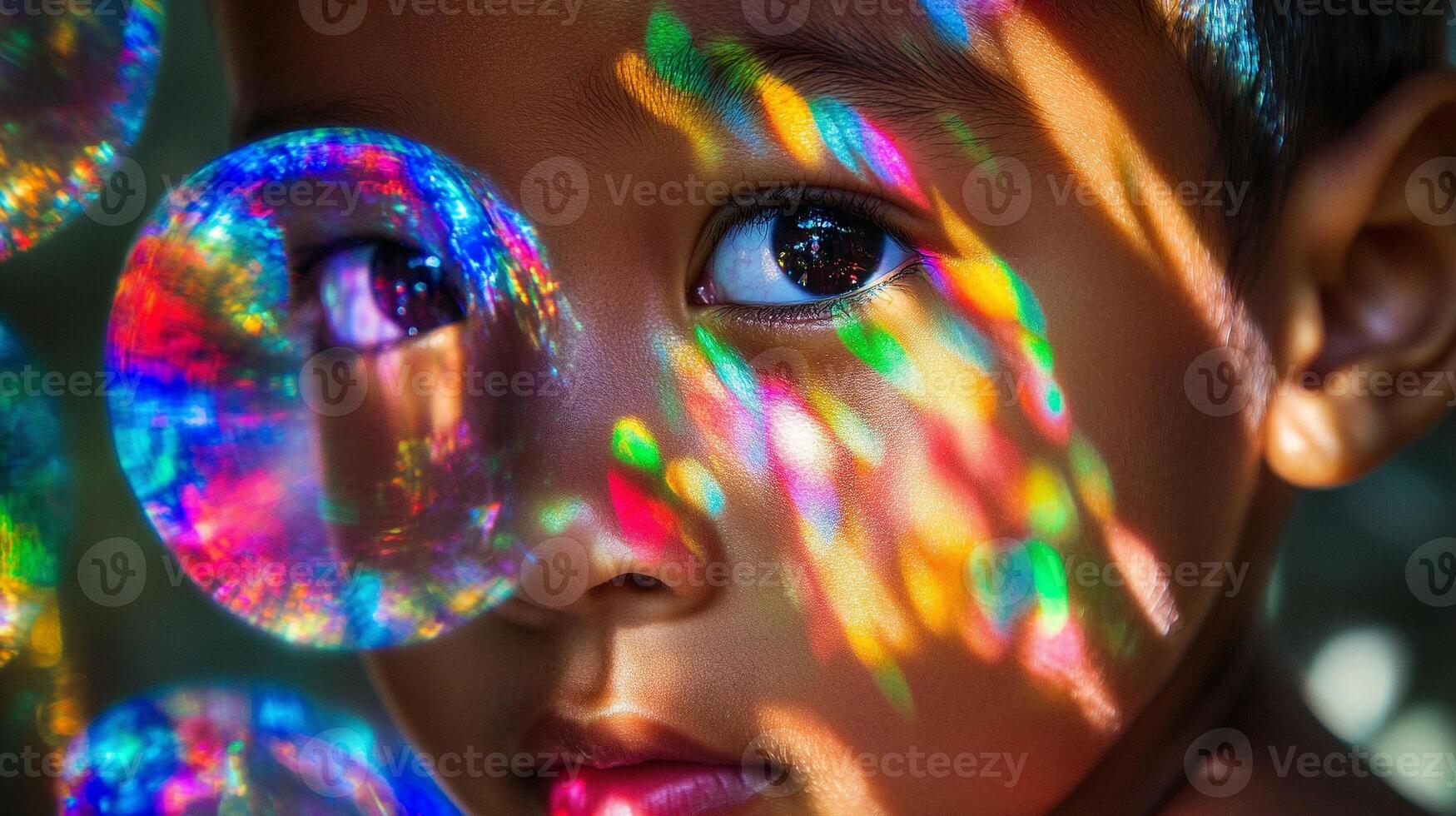 Close-up of a child looking through kaleidoscope with colorful reflections creating mesmerizing light patterns photo