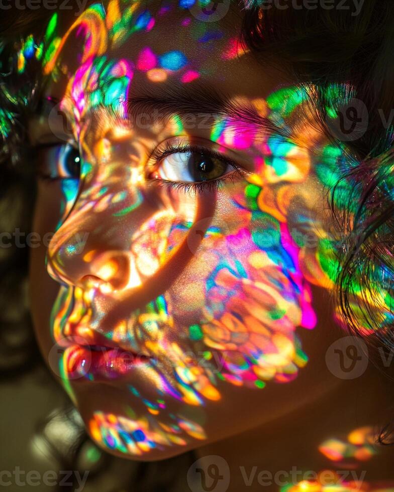 Close up a child looking through kaleidoscope with colorful reflections creating mesmerizing light patterns photo