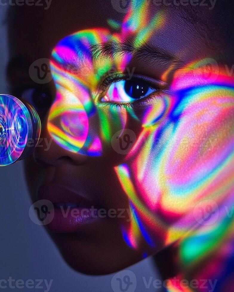 Close up of a child looking through a kaleidoscope with colorful reflections creating mesmerizing light pattern photo
