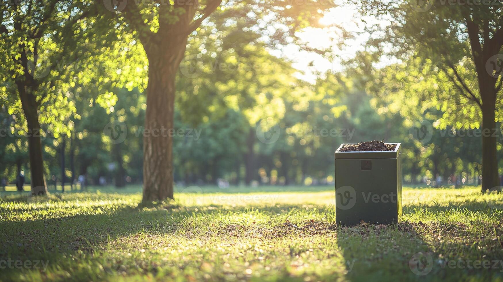 Green composting bin in a serene park with sunlit grass and trees promoting sustainable community living photo