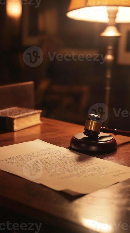 a Lawyers gavel on legal documents under warm lamplight in a traditional office setting symbolizing justice photo