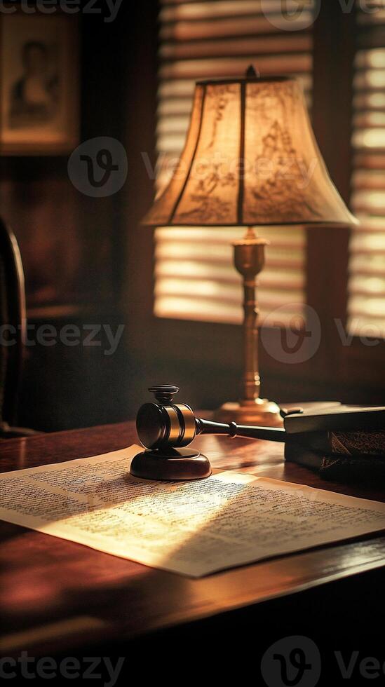 Lawyers gavel on legal documents under warm lamplight in a traditional office setting symbolizing justice vertical photo