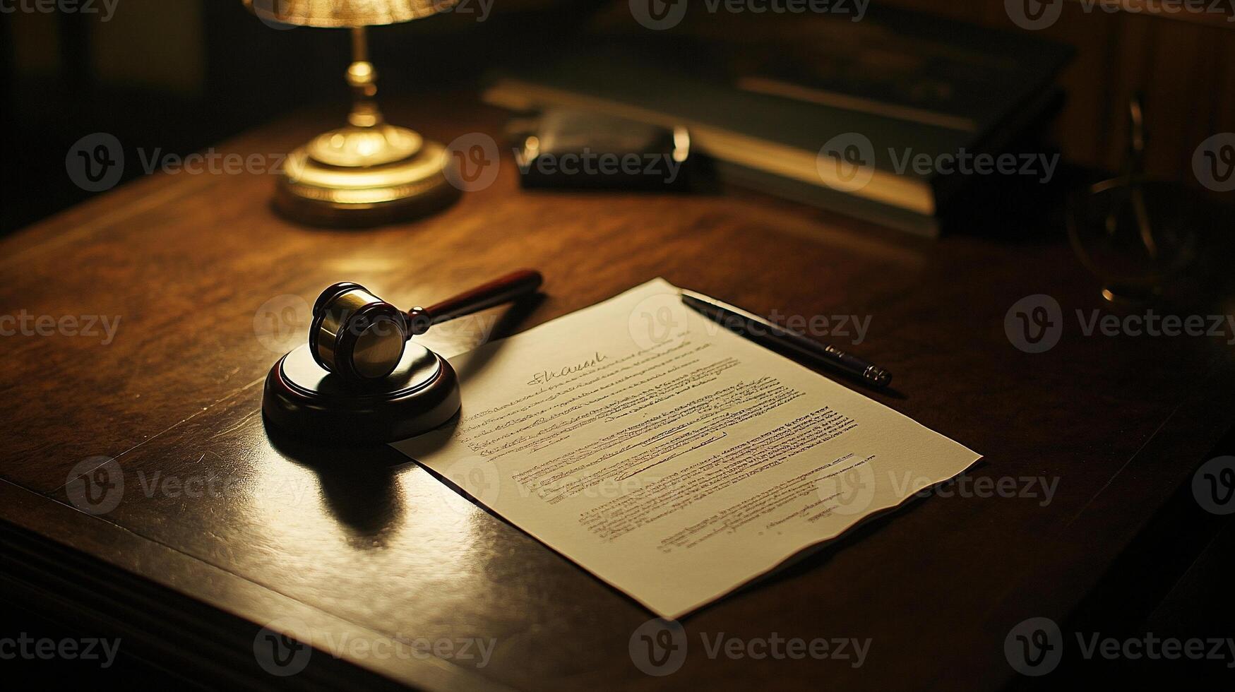 Lawyers gavel on legal documents under warm lamplight in a traditional office setting symbolizing justice horizontal photo