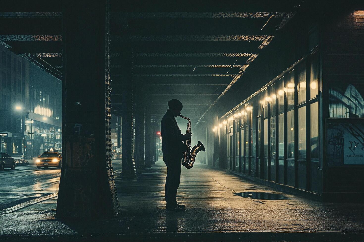 Silhouette of lone saxophonist under dimly lit bridge in rainy urban night scene photo