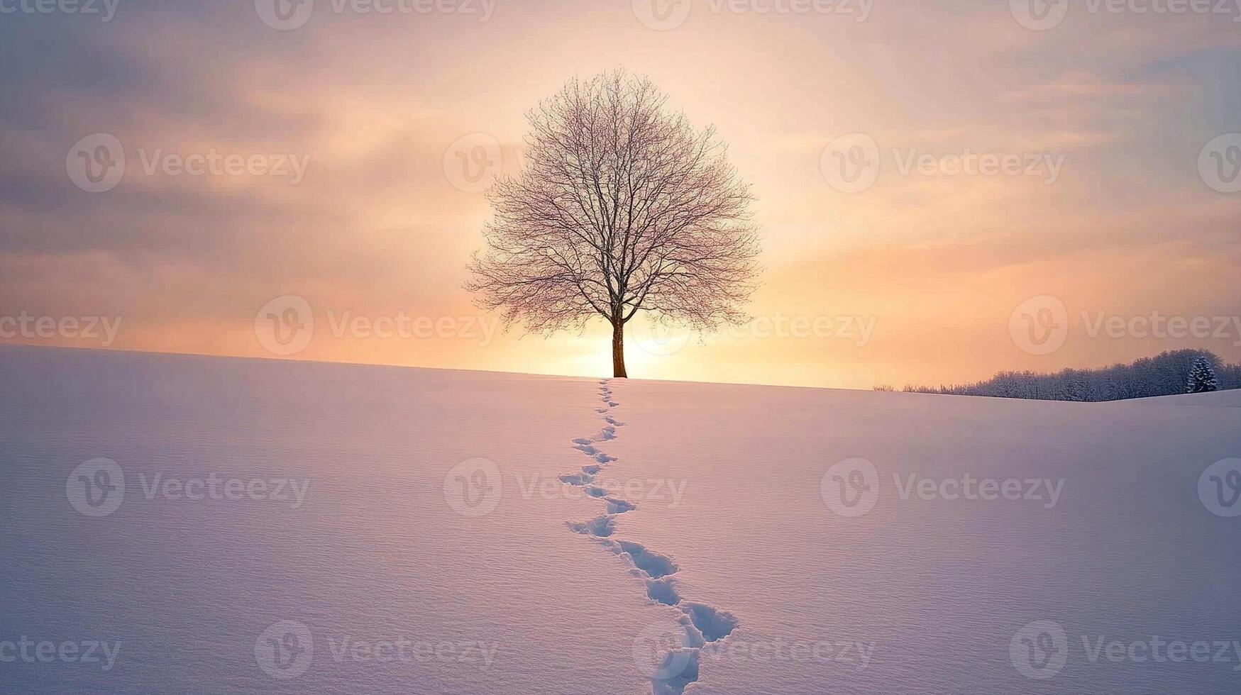 A solitary tree stands majestically in the middle of a snow covered field during a tranquil winter sunrise. photo
