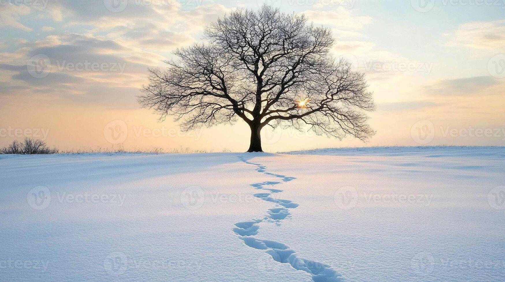 A solitary tree stands majestically in the middle of snow-covered field during a tranquil winter sunrise. photo