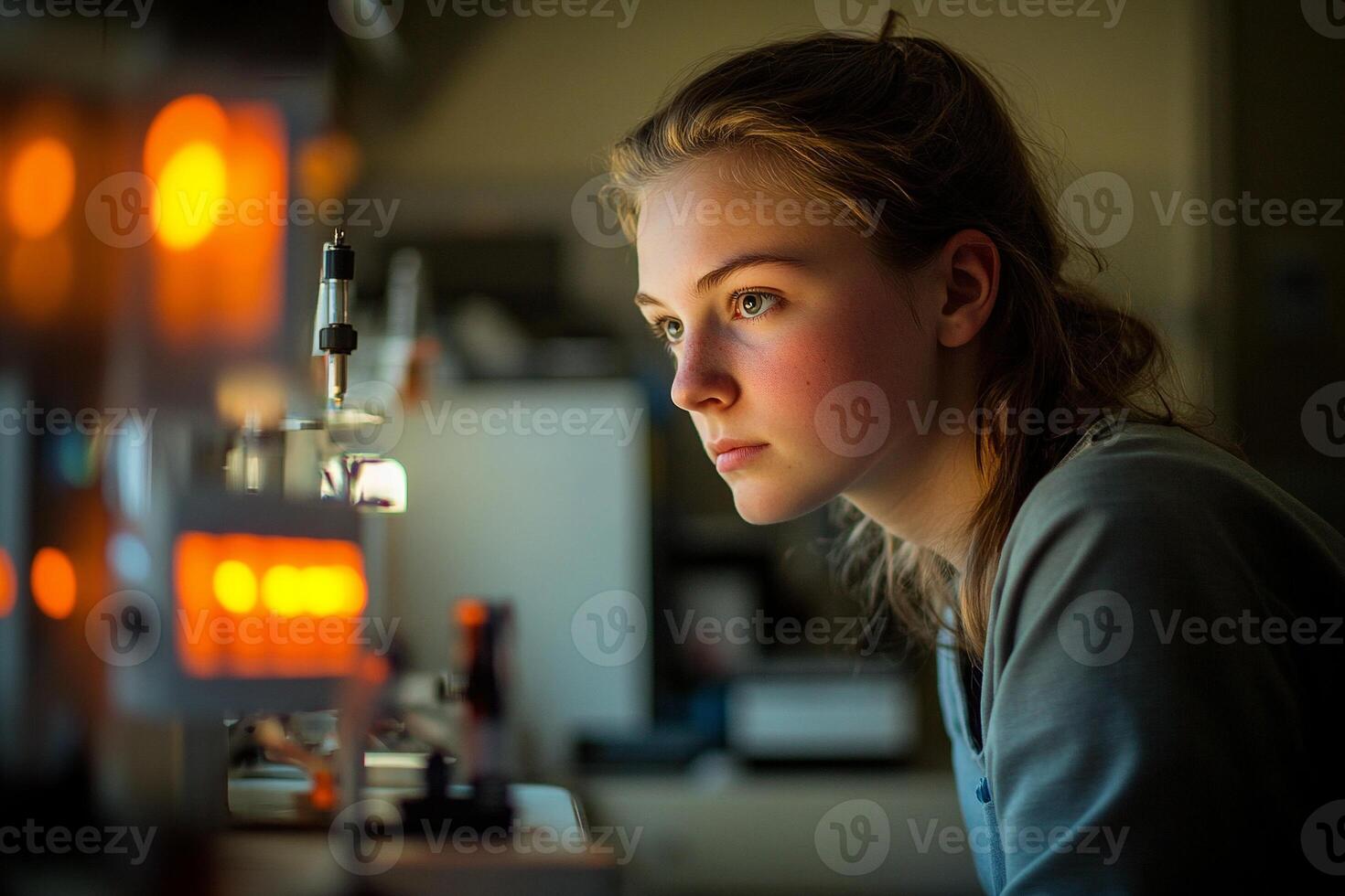 a Focused young female scientist working in a modern laboratory with advanced research equipment photo