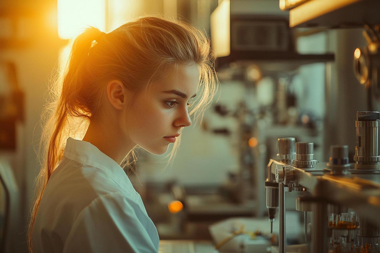 a Focused young female scientist working in modern laboratory with advanced research equipment golden sun light in the background photo