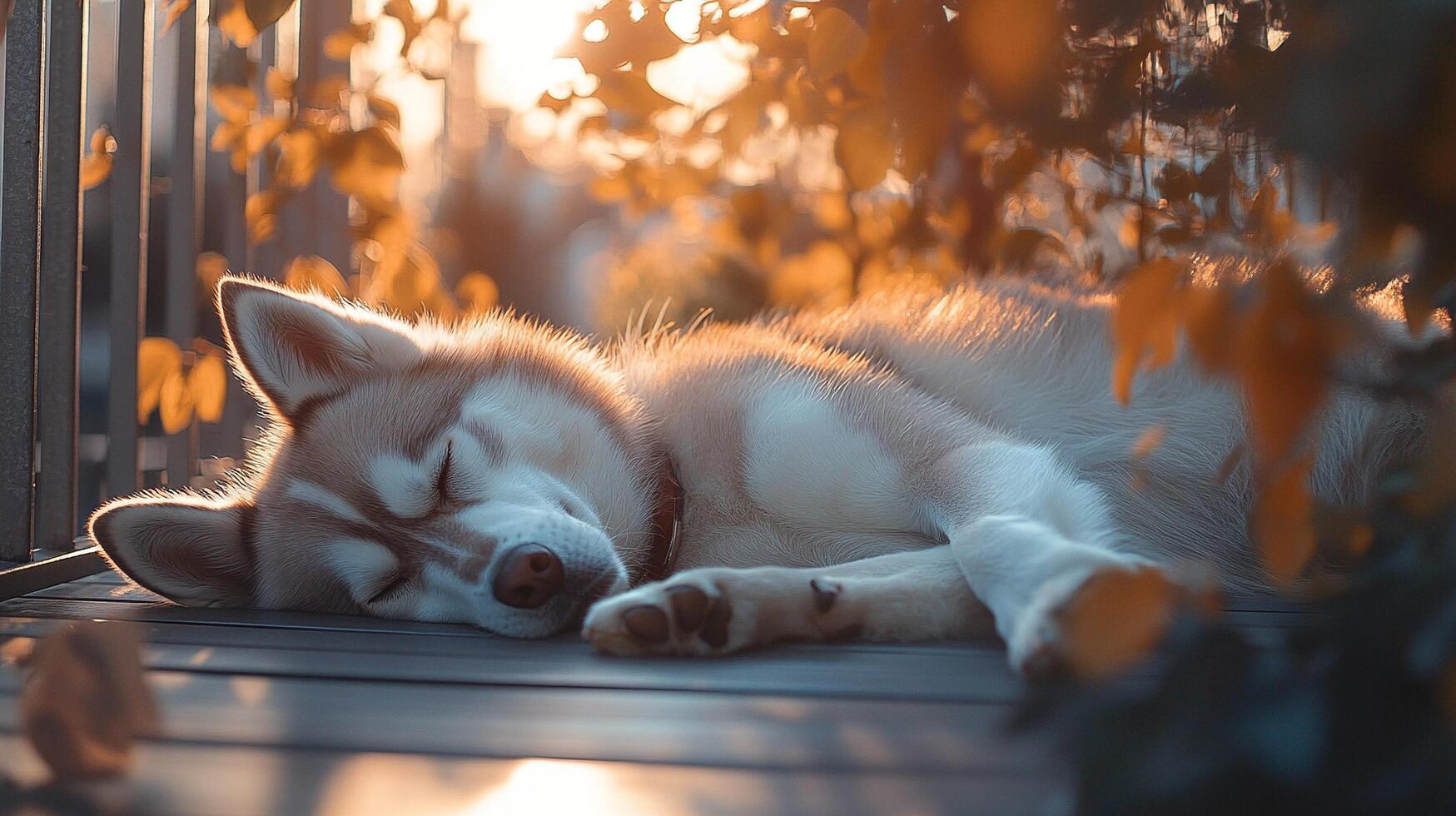 Siberian husky relaxing peacefully on a sunny balcony with natural sunset light photo