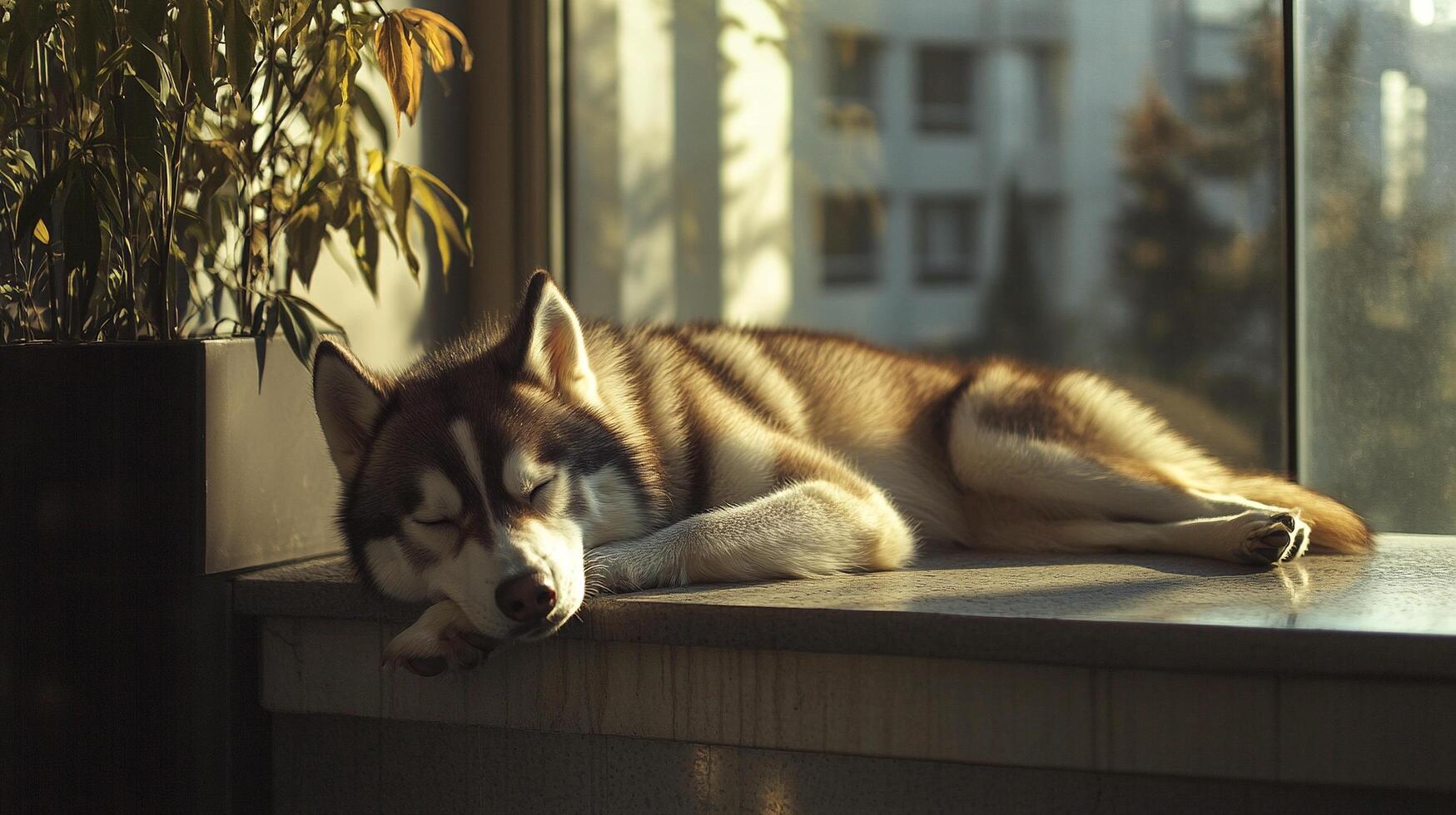 Siberian husky relaxing peacefully on sunny balcony with natural lighting photo