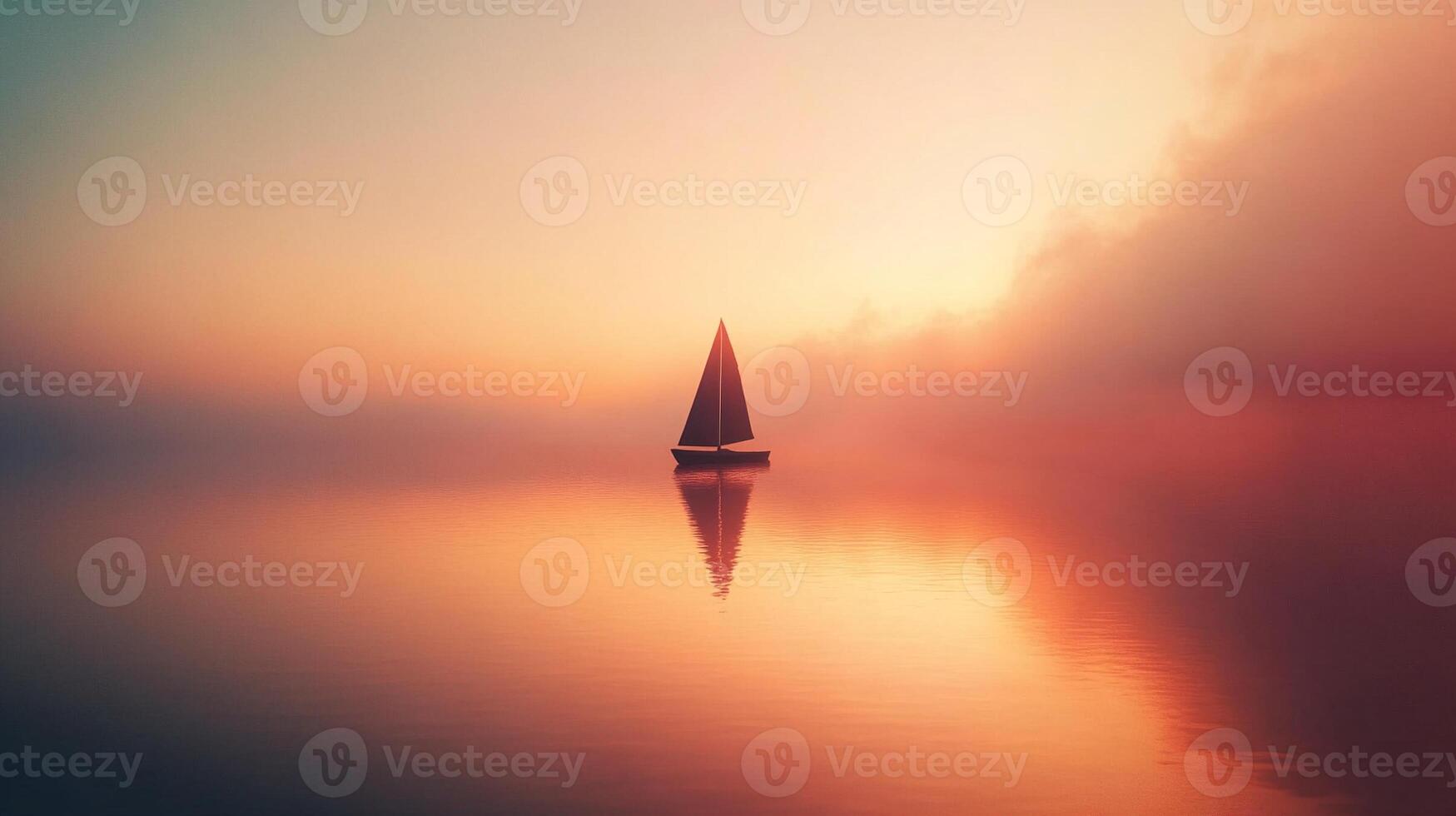 Sailboat floating on calm ocean waters under pastel sunset sky photo