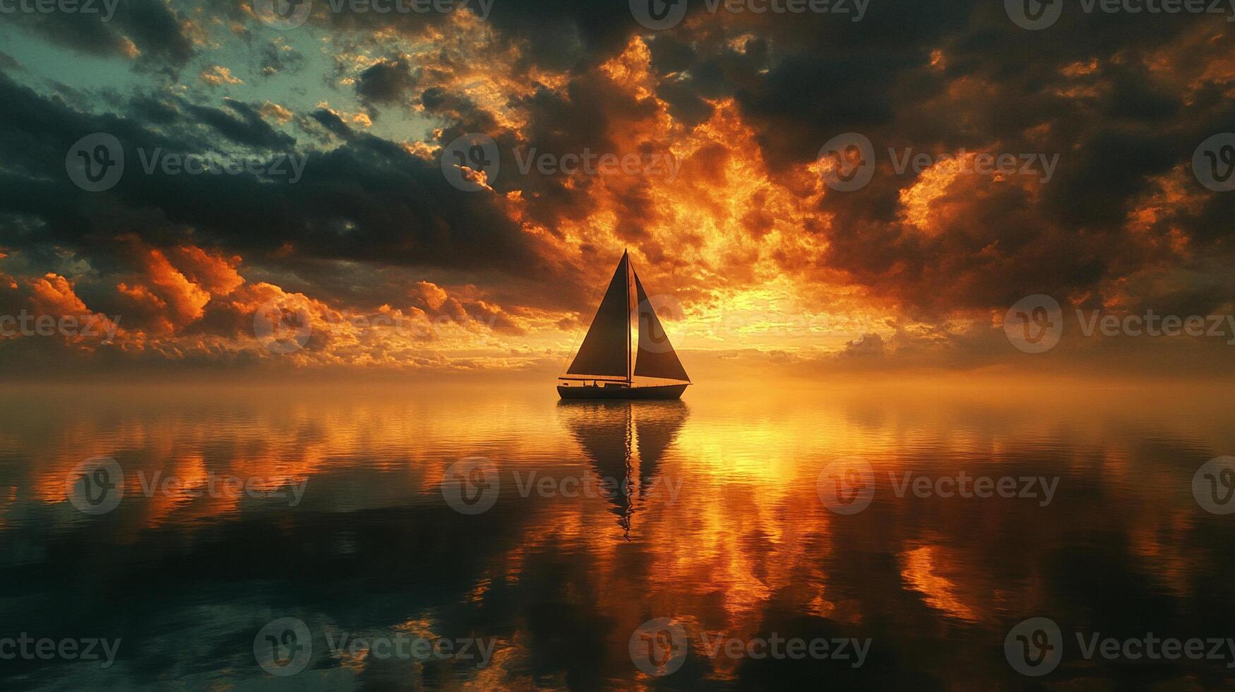 Sailboat floating on calm ocean waters under a pastel sunset sky photo