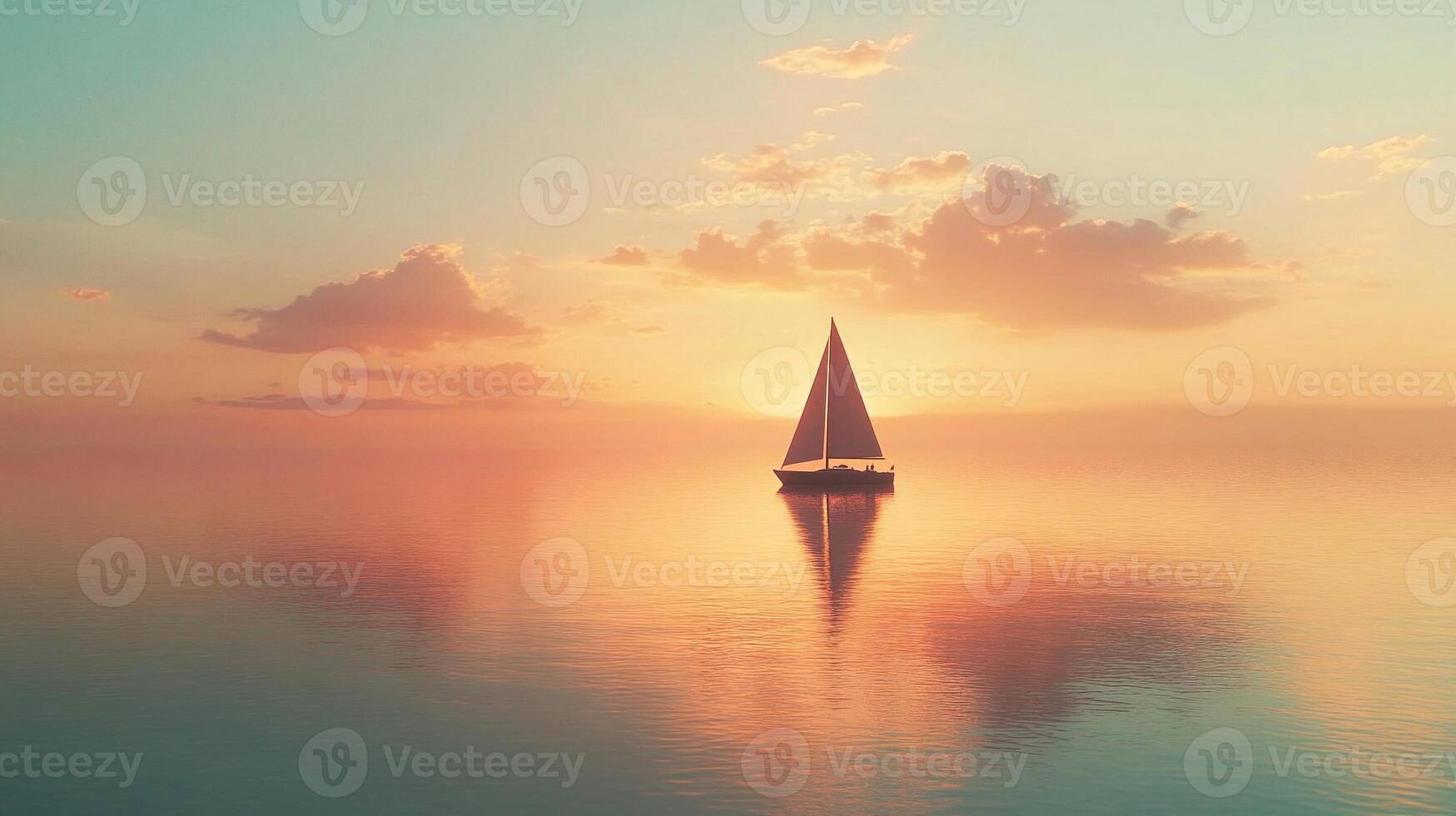 Sailboat floating on calm ocean water under a pastel sunset sky photo