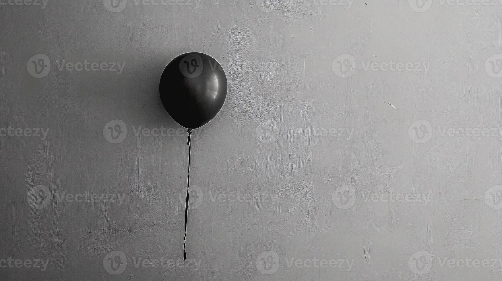 A single black balloon floating against a textured beige wall casting a soft shadow photo