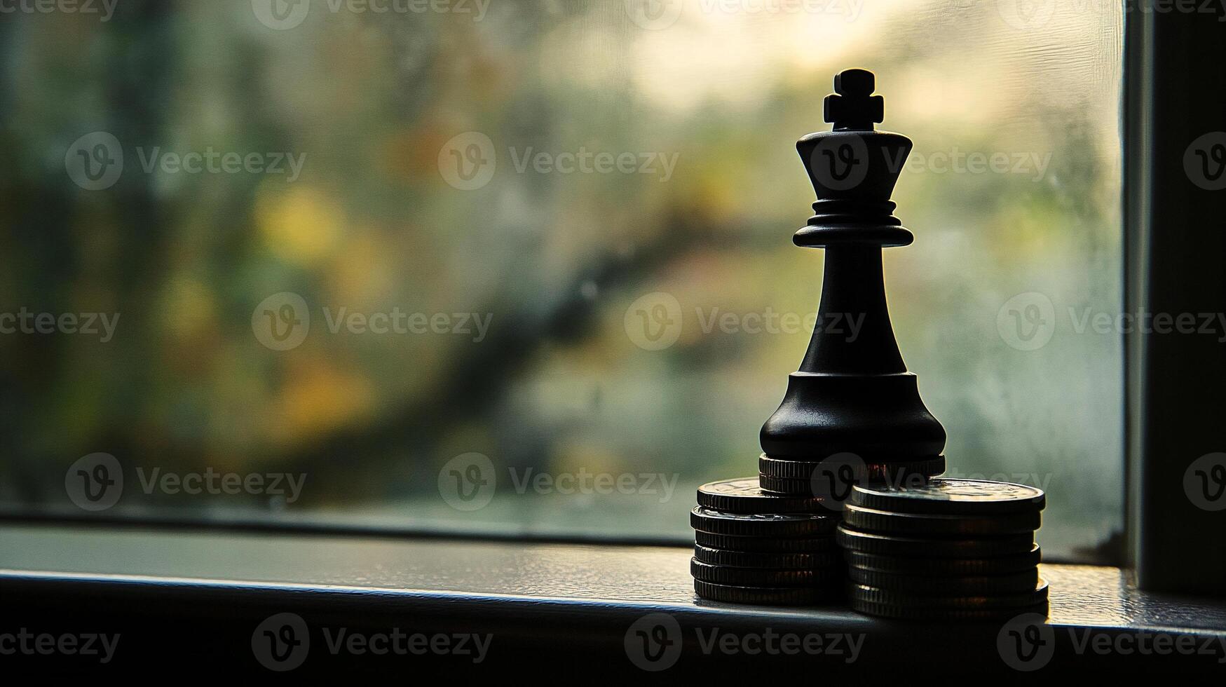 Chess king piece placed on stacked coins with blurry window light background photo
