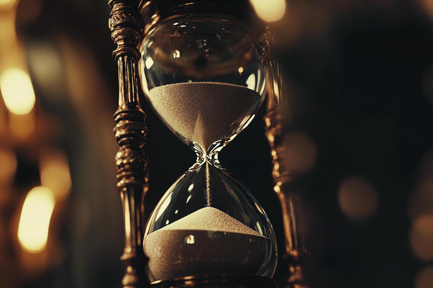 Antique hourglass with intricate golden details and flowing sand in glowing bokeh background photo