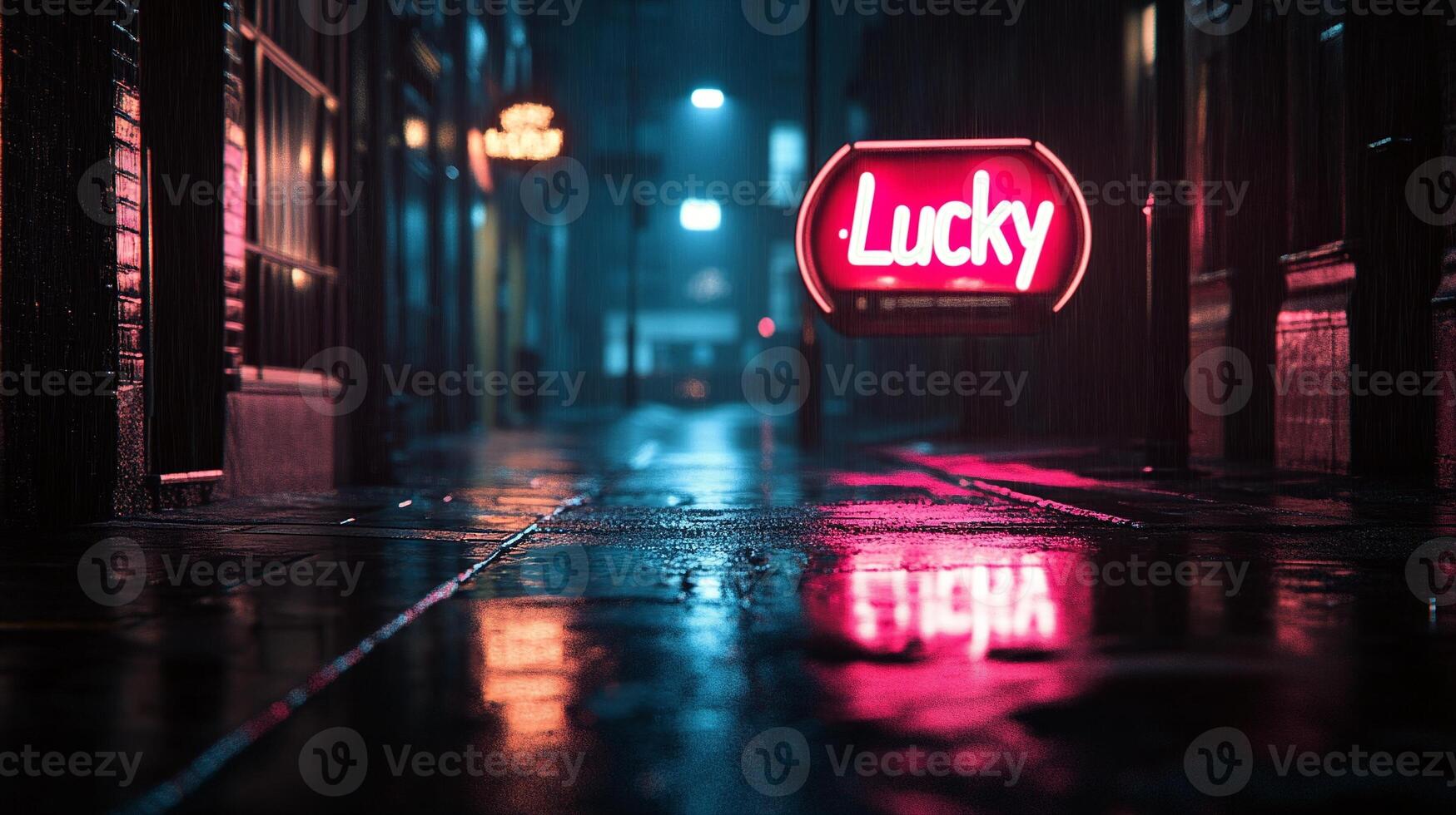 Neon Lucky sign glowing warmly on a dark wet street in a vibrant cityscape with reflections of lights photo